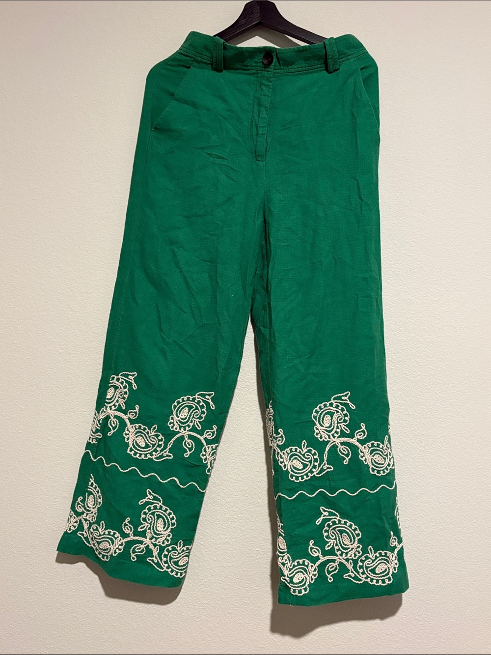 Zara Green Embroidered Pants with White Trim